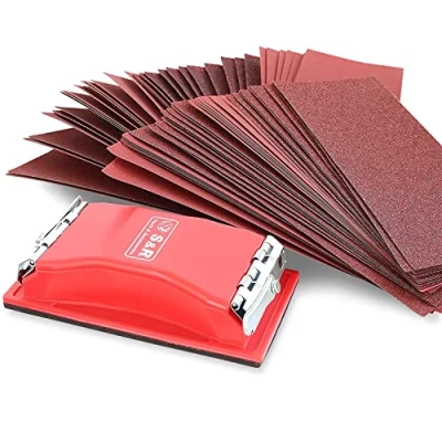 Image of S&amp;R Sandpaper Set with hand sanding Block 165 x 85 mm, 80 pieces sheets 93 230 10 grit P 40, 60, 80, 120, 180, 240, 320, 400, sander