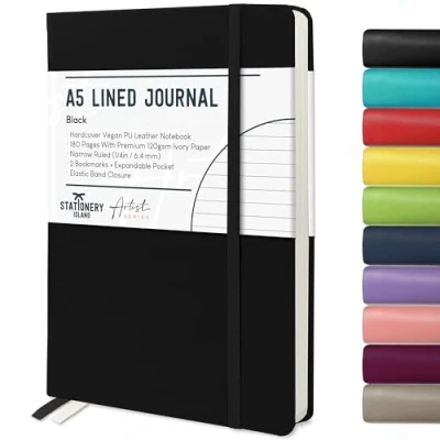 Image of STATIONERY ISLAND A5 Lined Notebook, Journal Hardcover with 120gsm Premium Thick Paper, 180 Pages Hardback Ruled Notebook for Writing, Working, Study, Planning, Diary, Journaling