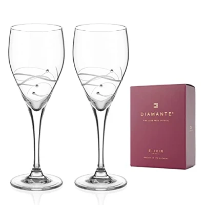 Image of DIAMANTE Swarovski White Wine Glasses Pair &#039;Chelsea Spiral&#039; Design Embellished with Crystals Set of 2