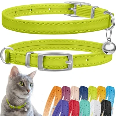 Image of CollarDirect Leather Cat Collar, Safety Collar with Elastic Strap, Kitten for Bell Black Blue Red Orange Lime Green (Neck Fit 6&quot; 7&quot;, Green)