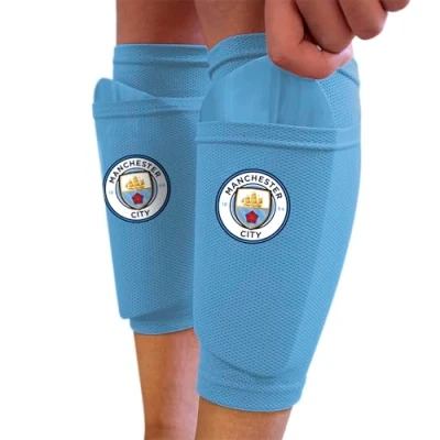 Image of Hy Pro Officially Licensed Manchester City F.C. Shin Pad With Sock Sleeve, Youth Guard, Breathable, Lightweight, Durable, Protective Gear, Man City, Merchandise, Great Football Gift Idea