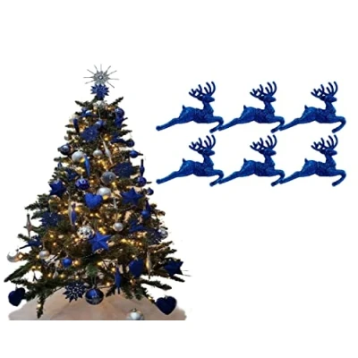Image of Simply Products Pack of 6 Hanging Glitter Reindeer Christmas Tree Decorations 2.2cm x 9.5cm (Royal Blue)