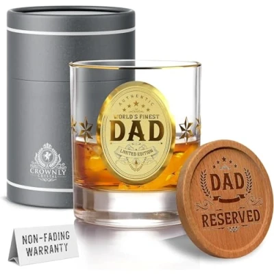 Image of CROWNLY CRYSTAL® Gold Gifts for Dad Birthday Whiskey Glass from Daughter Personalized Gift Best Ever Son Happy Daddy