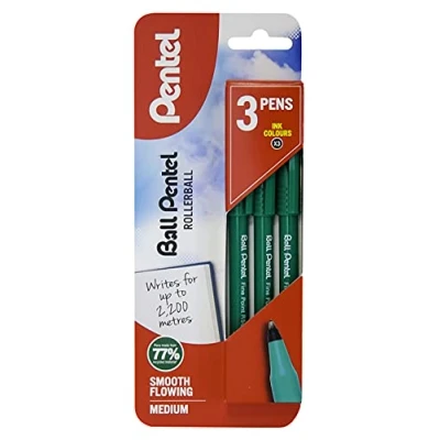 Image of Pentel R50 Rollerball Pen, Green Barrel Black Ink 1 Blister Card of 3 Rollerballs, XR50/3 A