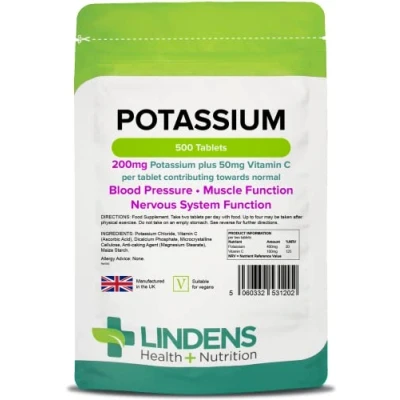 Image of Lindens Potassium 200mg, 500 Tablets with 50mg Vitamin C Per Tablet Contributing to Normal Blood Pressure, Muscle and Nervous System Function UK Made, Letterbox Friendly