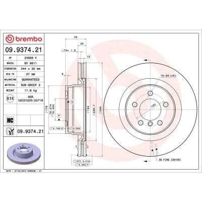 Image of SDB500181, SDB500182, SDB500220 Brake DISC BREMBO Coated LINE 09.9374.21 344mm 30mm 5 internally vented High carbon