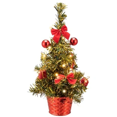 Image of CASARIA® 36cm Mini Artificial Christmas Tree with LED Lights and Decorations Small Battery Powered Pre Lit Office Desk Top PVC Xmas Baubles Decorated Green &amp; Red