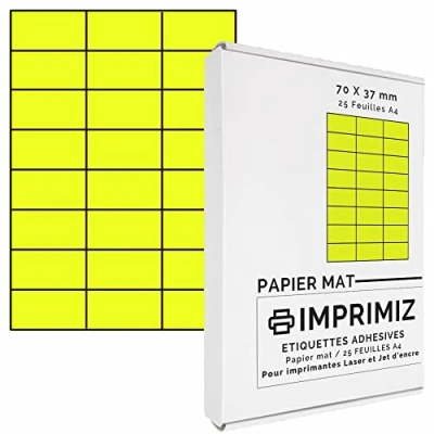 Image of Pack of 600 Self Adhesive Fluorescent Yellow Labels, 70 x 37 millimetres 24 Labels per Sheet 25 Sheets A4 Coloured Paper for Inkjet and Laser Printing