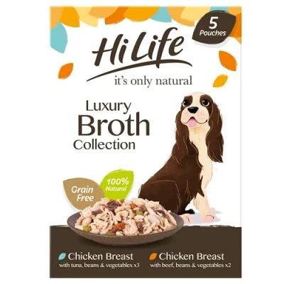 Image of HILIFE it&#039;s only Natural Wet Dog Food The Luxury Broth Collection Chicken Breast, Beef, Tuna, Beans, Vegetables 100% Grain Free, 15 Pouches x 100g
