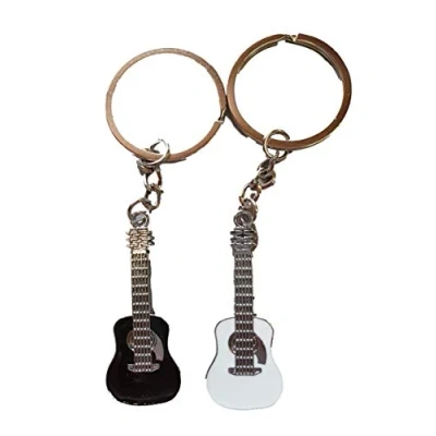 Image of Fat catz copy 2x lovers guitars black &amp; white bodies silver metallic enamel keyring handbag charm gift