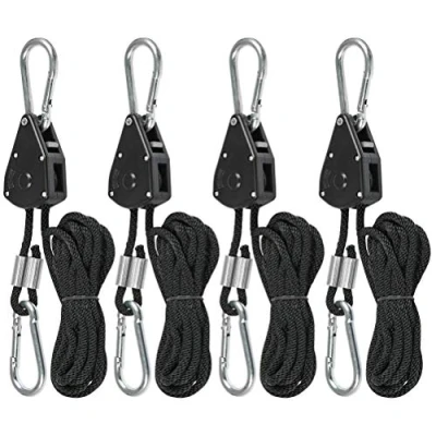 Image of N/A SRDX 183 4 Pcs Duty Heavy Rope Ratchet with Hooks,1.8M Adjustable for Plant Lamp,150lb,Adjustable Grow Light Rope,Hanger Ratchet, Black