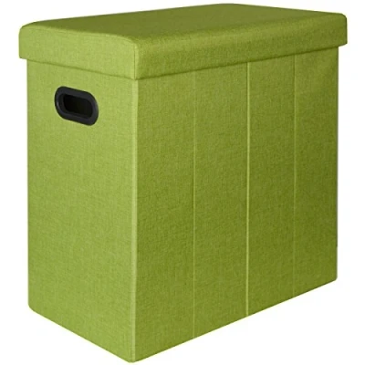 Image of DuneDesign folding Hamper Linen Basket 70L Laundry Bin ottoman rectangular pouf to sit upholstered lid storage compartment Green