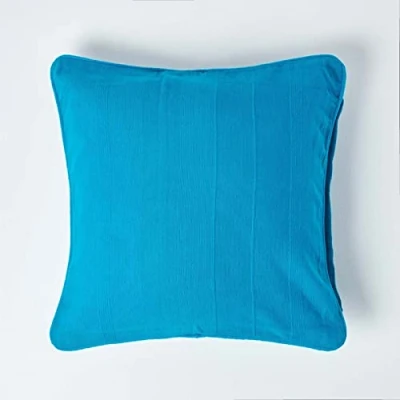 Image of HOMESCAPES Rajput Ribbed Cushion Cover 18 x Inches (45 45cm) Teal 100% Cotton Coordinating with Throws and Curtains Easy care Washable at home