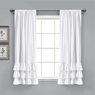 Image of Lush Decor, White Allison Ruffle Curtains Window Panel Set for Living, Dining Room, Bedroom (Pair), 63&quot; x 40&quot;, L