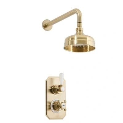 Image of Milano Elizabeth Traditional Thermostatic Mixer Valve 150mm Round Shower Head Arm Brushed Brass