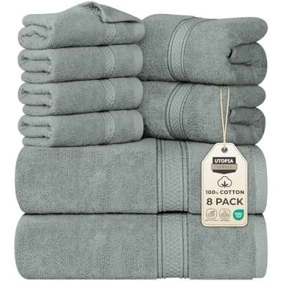 Image of Utopia Towels 8 Piece Towel Set 2 Bath Towels, Hand and 4 Washcloths Cotton Hotel Quality Super Soft Highly Absorbent (Cool Grey)