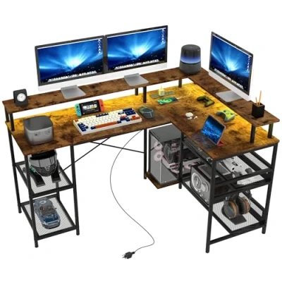 Image of HOMCOM L Shaped Gaming Desk with LED Lights and Power Outlets, 150cm Corner Computer Monitor Stand Storage Shelves, Home Office for Small Space, Rustic Brown
