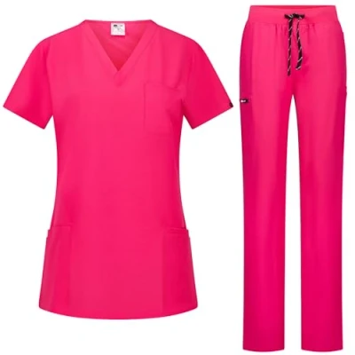 Image of B well Bella Women&#039;s Scrub Set Slip On Tunic + Trousers Medical Doctor Uniform Jacket Top with Work Wear Elastane, pink, XL