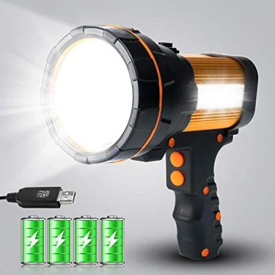 Image of MAYTHANK High Powered LED Torch Super Bright Rechargeable Flashlight Large 4 Batteries Big Searchlight Hand held Powerful Spotlight Heavy Duty Strong USB Search Light Lumens