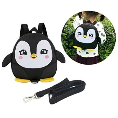 Image of OFKPO Baby Toddler Walking Safety Backpack Anti lost Mini With Leash Nylon Cute Cartoon Penguin For 1 3 Years Old (Black)