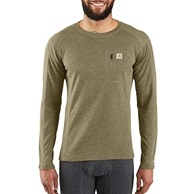 Image of Carhartt Men&#039;s Base Force Heavyweight Polyester Wool Crew with Zip Pocket Layer Top, Burnt Olive Heather, XXL