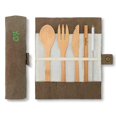 Image of Bamboo Cutlery Set Travel Eco Friendly Flatware Knife, Fork, Spoon and Straw Wooden Camping with Pouch 20 cm Olive Bambaw