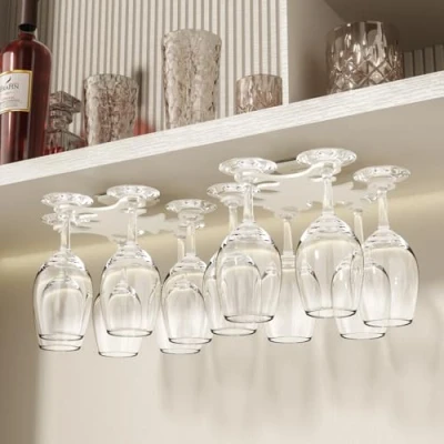 Image of Vaisoeny Wine Glass Rack, 360 Infinitely Rotating Holder, No Drilling Holders Hanging Under Shelf, Easy Installation Storage for Kitchens and Bars.(2PACK White)