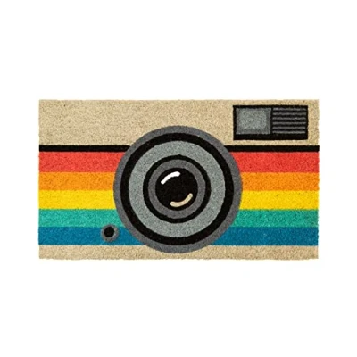 Image of FISURA &quot;Retro camera&quot; coconut doormat with PVC anti slip backing. Original house entrance doormat. Hand painted. Size: 70 cm x 40 cm.
