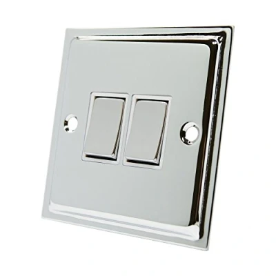 Image of Slimline Polished Chrome 2 Gang Switch White Insert Metal Rocker Switches 10 Amp Double Way Light