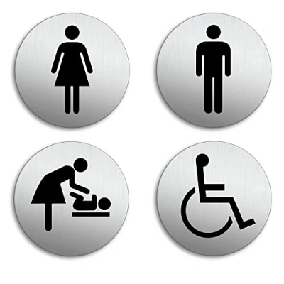 Image of Toilet Signs for Men and Women Changing Room Disabled Set of 4 Made Aluminium Stainless Steel Look Diameter 75 mm Ofform Design