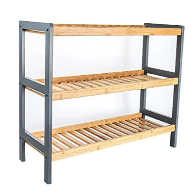 Image of Xample® 3 Tier Wooden Natural Bamboo Shoe Rack Bench Stand Storage Organiser Shelf Shelving For Hallway, Bedroom, Living, Bathroom Room Organizer Holder (Brown &amp; Grey)