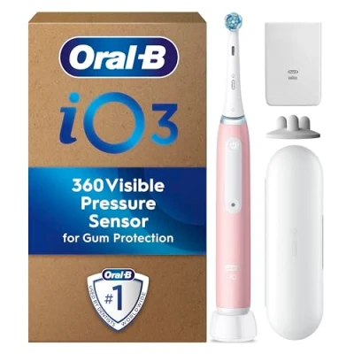 Image of Oral B iO 3 Blush Pink Ultimate Clean Electric Toothbrush, 1 Refill Holder, Charger Pouch, Travel Case, Designed by Braun