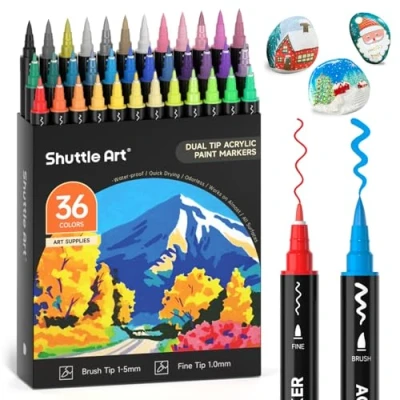 Image of Shuttle Art Dual Tip Acrylic Paint Pens, 36 Colours Fine &amp; Brush Marker Pens for Rock Painting, Ceramic, Wood, Fabric, Glass, Pen Set Kids Adults on Christmas Easter