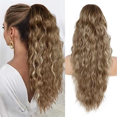 Image of 26 Inch Ponytail Extension, Natural Drawstring Long Wavy Hair Extensions, Synthetic Pieces for Women, Extension Daily Use (Medium Brown Highlighted Blonde)