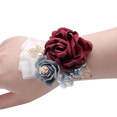 Image of Shiwaki Wedding Supplies Decoration Girl Bridesmaid Wrist Flower Prom Party Small Pink Tea Gift (Wine Red)