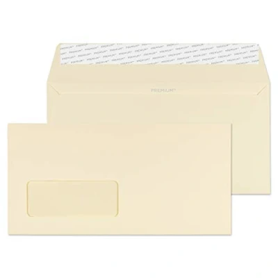 Image of Blake Business DL 110 x 220 mm 120 gsm Peel &amp; Seal Wallet Window Envelopes (61884) Cream Wove Pack of 500