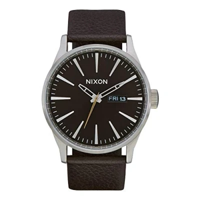 Image of Nixon Men&#039;s Sentry Leather Analog Watch in Color: Dark Cedar/Dark Brown