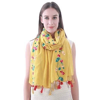Image of Lina &amp; Lily Embroidered Floral Tassel Scarf Shawl Lightweight (Mustard)