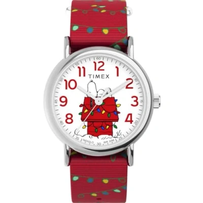 Image of Timex Women&#039;s Peanuts 38 mm Watch Red Fabric Slip Thru Strap White Dial Silver Tone Case TW2W80800