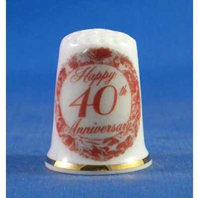 Image of Porcelain China Collectable Thimble 40th Wedding Anniversary Free Dome Box