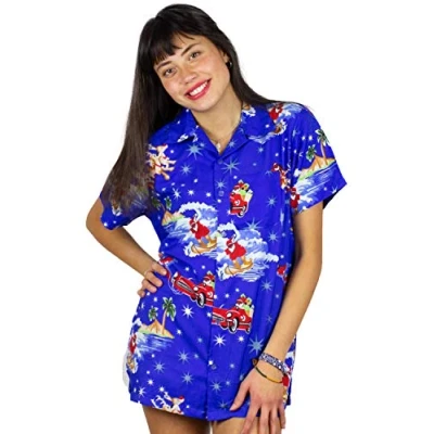 Image of OH Funky Hawaiian Blouse, Surf Santa, blue, S