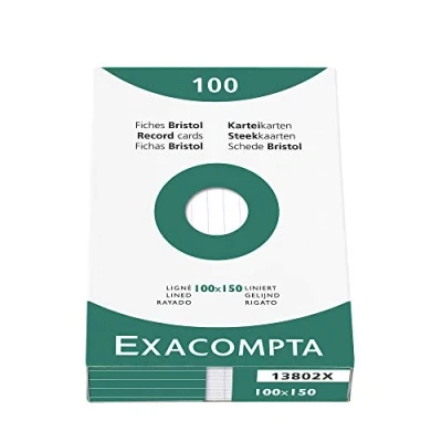 Image of Exacompta Ref 13802X Bristol Lined Record Cards (Pack of 100) 100 x 150mm in Size, 205gsm Card, Compatible with Printers Suitable for Exam Revision &amp; Notes White