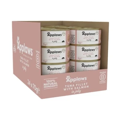 Image of Applaws Natural Wet Cat Food, Tuna with Salmon in Jelly 70g Tin (Pack of 24)