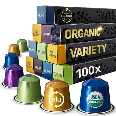 Image of Organic Variety Pack 4 Different Varieties 100 Nespresso Compatible Aluminium Pods from Real Coffee