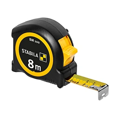 Image of STABILA BM 100 Pocket Tape Measure 8 m Metric Scale Shatterproof ABS Housing Movable Start Hook Belt Clip MID Accuracy