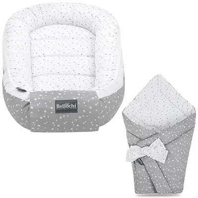 Image of Bellochi 2in1 Set Baby Nest Pod and Swaddle Blanket Sleep for Newborn with Protective Edges Wrap 100% Cotton Oeko TEX Certified Polaris