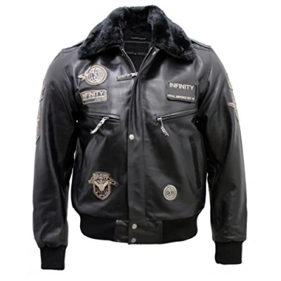 Image of Infinity Men&#039;s Black Cow Hide Leather Flight Bomber Jacket with Detachable Collar S