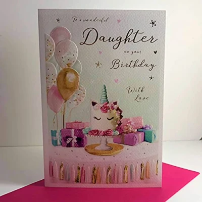 Image of ICG Wonderful Daughter On Your Birthday Card Unicorn Cake &amp; Presents