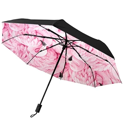 Image of CLAYU Automatic Folding Umbrella,Pink Flamingo Waterproof Compact Sun &amp; Rain Travel Umbrellas