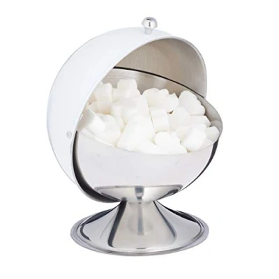 Image of Relaxdays Sugar Bowl, with Rolling Lid, Shiny Stainless Steel, Sweets, Candy Holder, Decorative, Tin Container, White